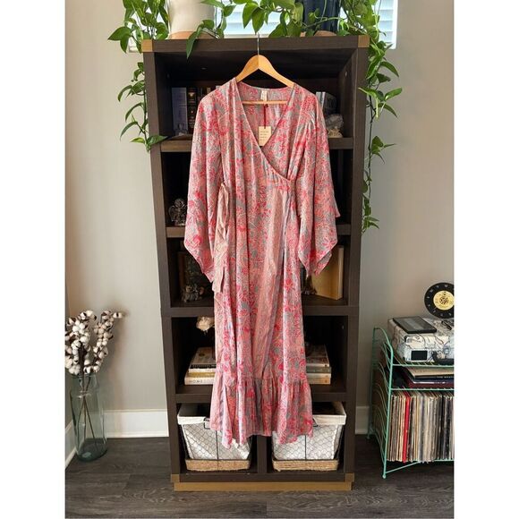 NWT Raga Boho Chic Metallic Floral Wrap Style Maxi Dress Oversized Size XS - Picture 2 of 8